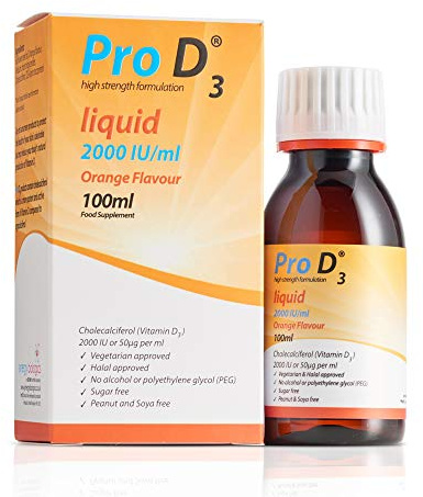 Pro D3 Liquid 100ml (Vitamin D3-2000 IU / 50mcg) [Alcohol Free] Vegetarian Society Approved - Gluten Free - Salt Free Gelatin Free - SOYA Free - Peanut Free - Sugar Free - Halal - Kosher