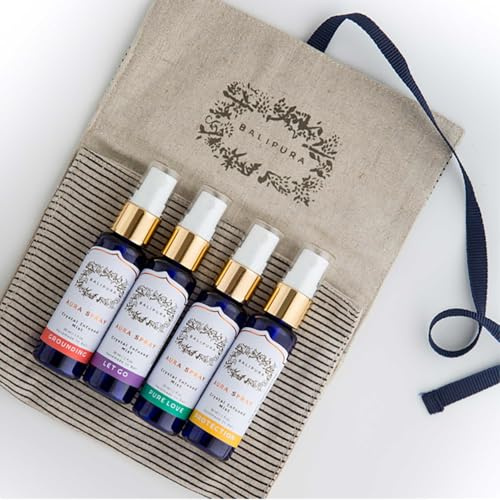 BALIPURA - Aura Spray Mix Sets - 4 pcs in Pack Gift Set for Women and Men - Infused Crystal with Organic Essential Oils - Free Linen Bag - Handmade in Bali, 30 ml Each
