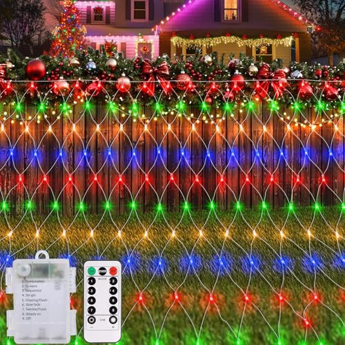 Filet lumineux d'extérieur à piles 1,5 x 1,5 m 100 LED avec télécommande et | Guirlande lumineuse d'extérieur en maille étanche à intensité variable pour broussaille, terrasse, clôture, mur, fête