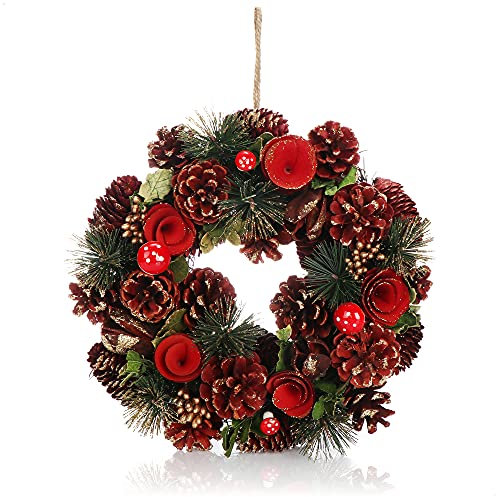 COM-FOUR® Türkranz Weihnachten - Adventskranz mit roten Blumen und Fliegenpilzen - Deko- und Tischkranz für Herbst und Weihnachten - liebevolle Handarbeit (Adventskranz rote Blume - L)