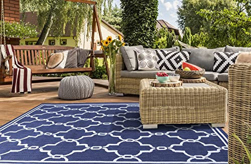 Lord of Rugs Indoor Outdoor Rug Terrace Spanish Tile Pattern Garden Trellis Patio Living Room Kitchen Flatweave Rug Blue X-Small 60x120 cm (2'x4')