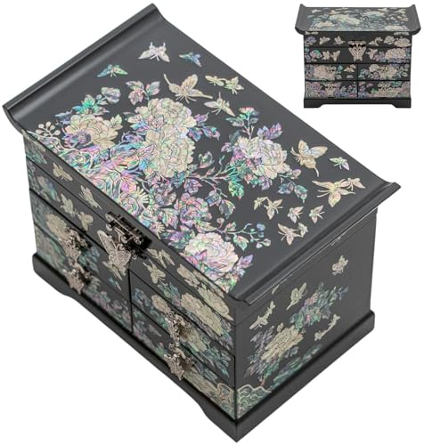 February Mountain Scatola organizer per gioielli in legno madreperla – Scatola per gioielli da donna, con cassetti spaziosi, ideale per anelli, bracciali, orologi, catene, accessori (nero)