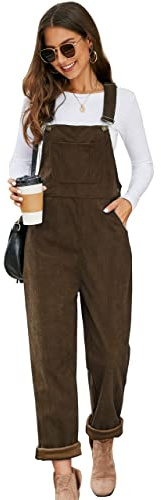 Flygo Corduroy Overalls for Women Loose Fit Adjustable Straps Long Bib Pants Wide Leg Jumpsuits with Pockets(Brown-L)