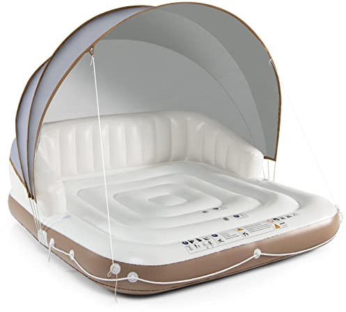 KOMFOTTEU Colchoneta Hinchable para Piscina, Isla Flotante con Toldo de Sombra Desmontable, Colchón de Natación con Carga hasta 200 kg, Tumbona Inflable con 2 Portavasos, 180 x 180 x 160 cm