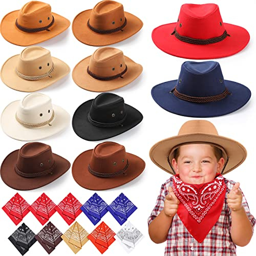 Unittype 20 Pcs Western Costume Cowboy Hats Set Kids Cowgirl Themed Party Felt Bandanna Hat with Paisley Bulk(Multi Colors)