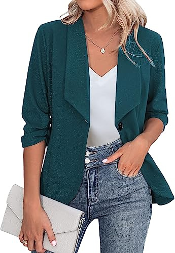 Zeagoo Dam blazer elegant 3/4-ärm business långblazer, smal passform, kavaj, vardagligt arbete, kavaj, kostym S–3XL, Mörkgrön, S