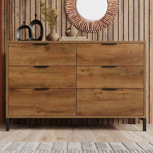 Kommode Dunkle Eiche mit 6 Schubladen, Modern Retro Stil Holz Sideboard Highboard mit Griff und Metall Beine für Schlafzimmer und Wohnzimmer, Aufbewahrungsschrank, Schubladenschrank, 120 x 40 x 83cm
