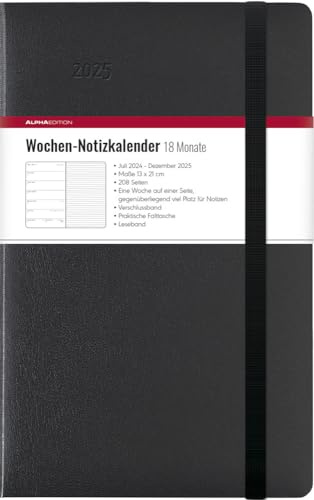 Alpha Edition - Calendario settimanale grande nero 2025 tascabile, 13 x 21 cm, calendario con 208 pagine, panoramica di 18 mesi, segnalibro con nastro e chiusura elastica e calendario DE/GB