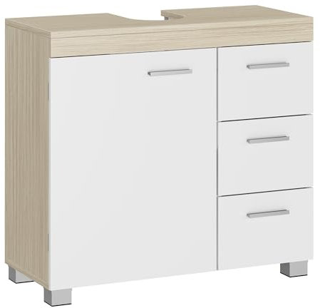 VASAGLE Waschbeckenunterschrank, Badezimmerschrank, 3 große Schubladen, 30 x 70 x 64 cm, Badschrank, 2 Fächer hinter der Tür, Badezimmer-Unterschrank mit Füßen, wolkenweiß-naturbeige BBK503K01V1