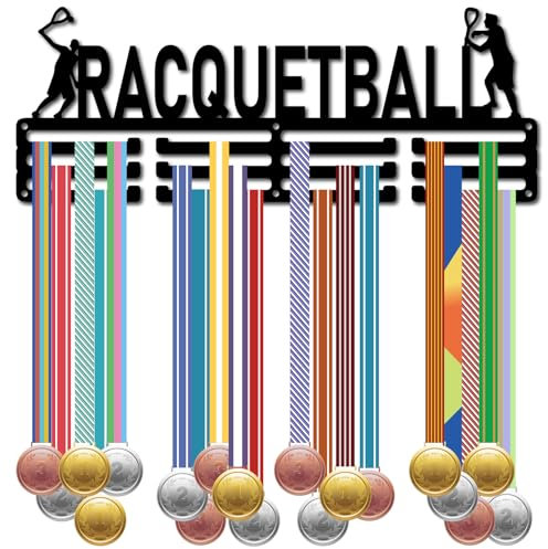 CREATCABIN Racquetball-Medaillenhalter,Medaillenaufhänger Sportwettkämpfe,Medaillenaufhänger,Wandmontagerahmen,Schwarze Eisenhalter,Haken Zum Aufhängen von 60 Auszeichnungsbändern,40x15cm,Racquetball