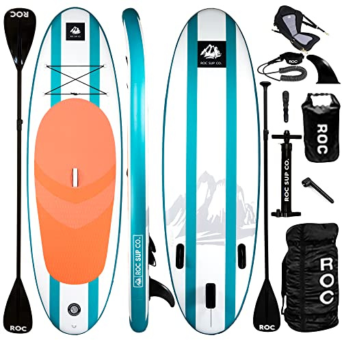 ROC Inflatable Stand Up Paddle Board with Premium SUP Paddle Board Accessories, Wide Stable Design, Non-Slip Comfort Deck for Youth & Adults (Aqua W/Kayak Seat)