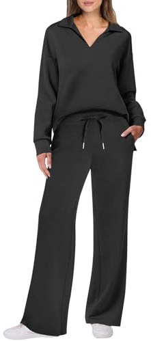 AMDOLE Conjunto completo de dos piezas para mujer, sudadera de manga larga de gran tamaño, media cremallera, sin botones, pantalones de pierna ancha, pantalones deportivos, trajes de gimnasio,