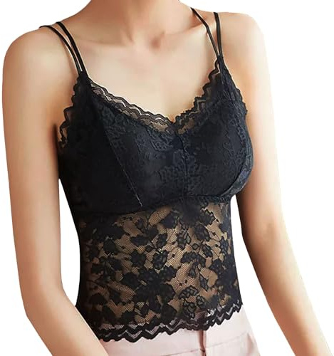 GWAWG Crop Top - Débardeur sexy pour femme, avec col en V, sans manches, en dentelle, Noir , Large