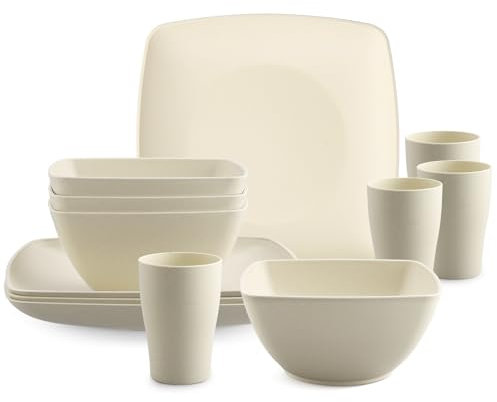 HOMGEN Juego de Platos y Tazones de Plástico de 12 Piezas- Juego de Vajilla Irrompible para Camping 4 Personas - Platos de Cocina Reutilizables, Juego de Cena Apto para Microondas y Lavavajillas