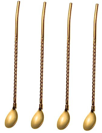 FUNOMOCYA 4pezzi Cucchiaio Per Gelato Cannuccia Riutilizzabile in Acciaio Inossidabile Cucchiaio Paglia e Bar Cannucce Dorate Per Gelato e Bevande