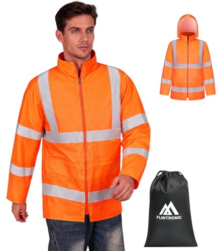 flintronic Veste De Pluie Haute-Visibilité pour Hommes, Imperméable Veste de sécurité avec réflecteurs, Imperméable Légère, Orange, XL