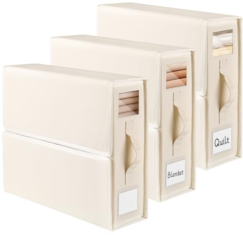 JAECU 3 Piezas Caja Organizador Sabanas, Tela Oxford Organizador de Ropa de Cama Plegable con Ventana y Etiquetas, para Debajo de Camas, Armarios, Cajones (Beige)