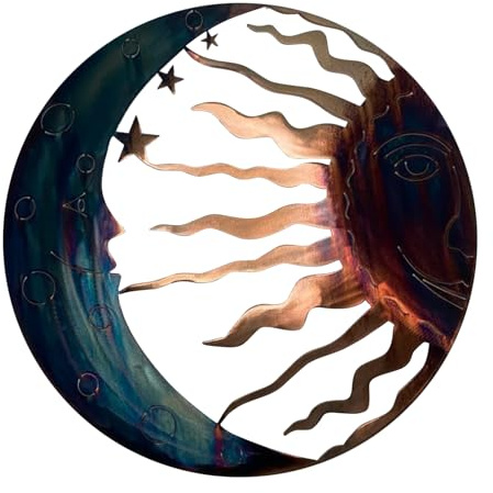 Decorazione da parete Sole Luna – Pannello artistico con sole e luna celesti in metallo, arte rustica da giardino Pansile resistente alle intemperie, ornamento da esterno Boho con accento stellare | E