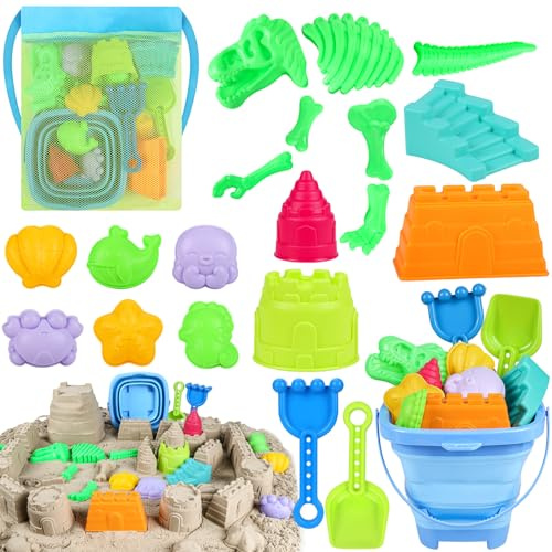 ERHAICAT Beach Toys, Dinosaur Sand Toys for Kids Toddlers with Collapsible Bucket, Sand Castle Building Kit, Mesh Storage Bag & Shovel Rake, Travel Summer Toys for Boys Girls Ages 3-10