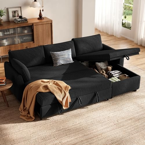 HOMRELEXA Corner Sofa Bed, Corduroy L Shaped Sofa, Black