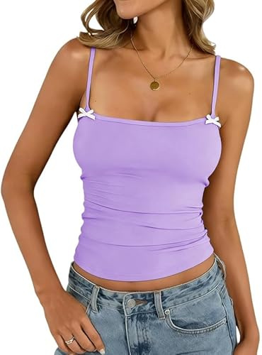Xiaoliny Camiseta Sin Mangas Mujer Casual Top de Tirantes Finos con Lazos Verano Elegante Camisola Shirt Entallada Cuello Cuadrado Sexy Y2K Tops Corto Básica Elástica Tank Top para Diario Fiesta