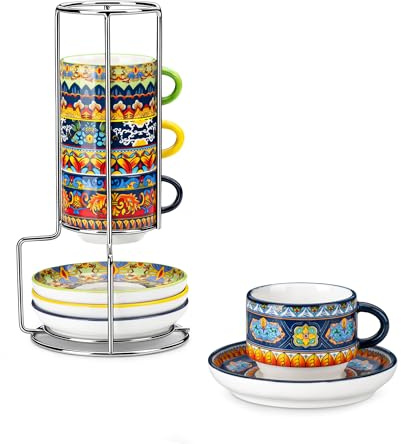 vancasso Espressokoppar 4-delat set, 90 ml kaffekoppar med fat och metallställ, stapelbara tjockväggiga keramik, diskmaskinssäkra – KRVI-serien, färgstark bohemisk stil