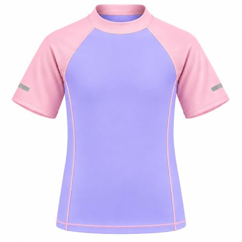 Hoseay Pojkar Flickor Rashguard Badtopp Barn Kortärmad Badskjorta med Reflekterande Remsor Snabbtorkande Töjbar Rashväst Badkläder Surfing Pool Strand Utomhus för Ålder 7–15 År, Lila rosa, 15 år