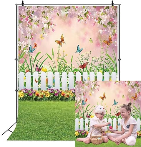 INRUI Spring Easter Garden Photography Backdrop Green Grass Lawn Floral Butterfly Fence Baby Shower Birthday Party Decorations Banner (6x8FT)