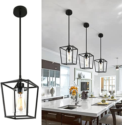 GZJunYo Black Pendant Lights Kitchen Island, 1-Light Farmhouse Kitchen Pendant Lighting Over Island, Metal Cage Island Hanging Lights for Kitchen, Dining Room, Entryway, Hallway, Foyer