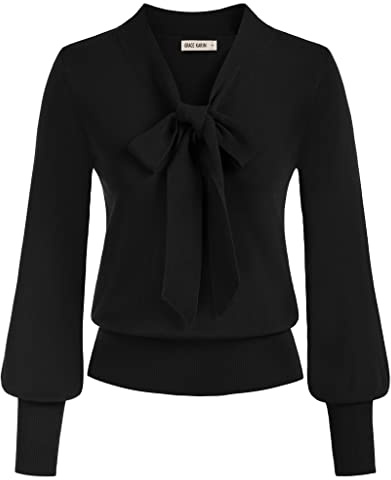 GRACE KARIN Pull Sweatshirts Femme Blouse Tricoté Manche Longue Col en V avec Nœud Papillon Elegant