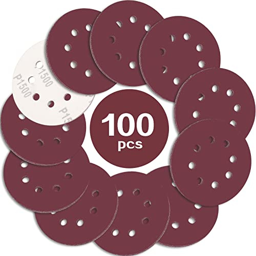 STEBRUAM 100 Piezas Discos para lijas 125mm Grano 1500, lija circular con 8 Agujeros para Lijadora Excéntrica y Lijadora Orbital