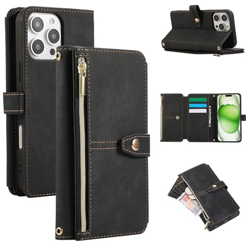 UEEBAI Case for iPhone 14 Pro Max 6.7 inch, 9 Card Slots Retro Leather Wallet Shockproof Flip Cover with Hand Strap Card Slots Zipper Pocket Kickstand Handbag Magnetic Closure - Black