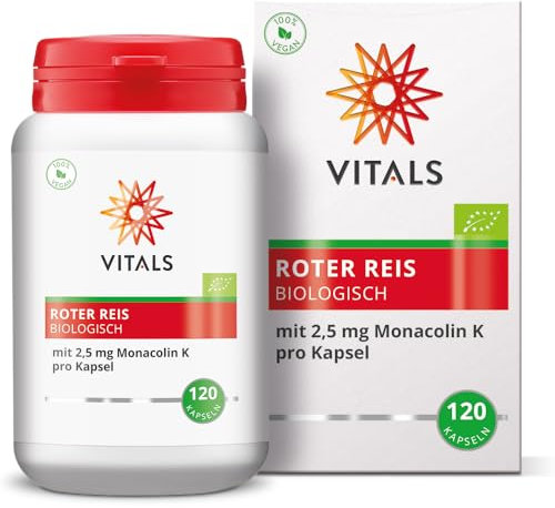 Vitals Roter Reis Biologisch 120 Kapseln mit 2,5mg Monacolin K pro Kapsel - 100% Biologisch, Vegan, Hohe Qualität