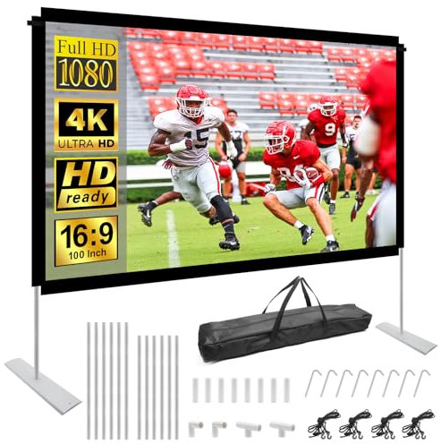 Beamer Leinwand mit Ständer,HOPFROG Projector Screen 100 Inch 16: 9 HD 4K Projektor Leinwand Boden Doppelseitige Projektion Anti-Falten Beamerleinwand Faltbarer Tragbar Projektionsschirm für Heimkino