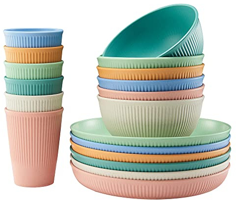 18pcs Wheat Straw Dinnerware Sets, HXYPN Unbreakable Reusable Dinnerware Set Kitchen Cups Plates and Bowls Sets Dishwasher Microwave Safe Plates