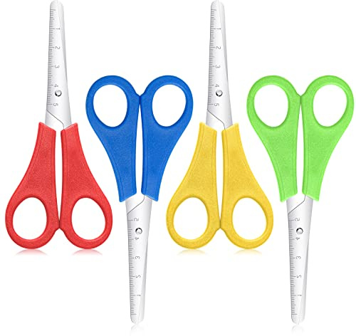 4 Pack Kids Scissors, Children Blunt tip Safety Scissors, 4 Colours | Safe Rounded Tips, with 5cm-Scale, PP Handles, Stainless Steel Blades, for Preschool Crafts, Paper Cutting and DIY Use