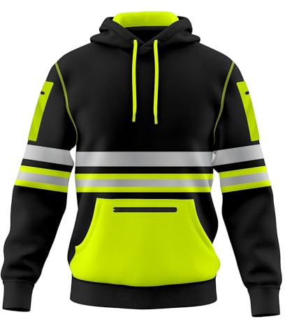 TORO ACTIVA Mens Hi Vis Work Wear Pullover Hoodie Safety Reflective Tape High Viz Sweatshirt Hoodie High Visibility Top Multi Zipper Pockets S-2XL
