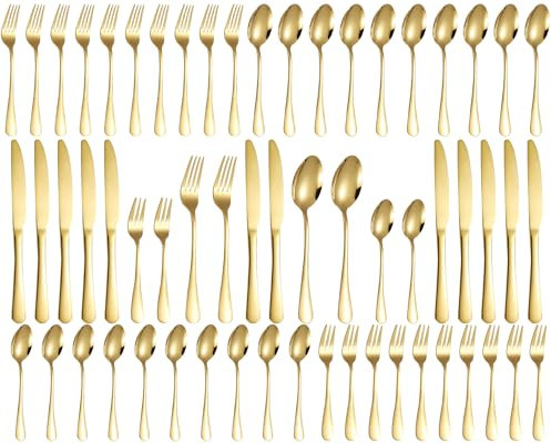 Cuberterias Completas 12 Personas, 60 Piezas Cubiertos Dorados, Muy Pulidos y Aptos para Lavavajillas, Cuberteria Dorada Elegantes, con Tenedor/Cuchara/Cuchillo, para Casa, Fiesta, Restaurante