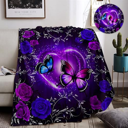 IUNTWEIE Cosy butterfly blanket,Soft pink purple flower flannel throw blankets Butterflies pattern blanket,purple butterfly Blankets for kids (A, 150x200cm)