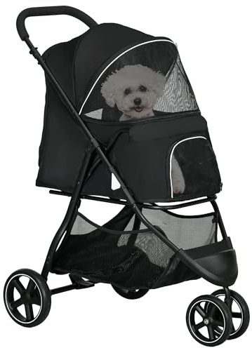 PawHut Poussette buggy pour chien, poussette pour chat animaux de compagnie pliable, 2 laisses, roues EVA, guidon réglable, panier, 83 x 55 x 101 cm, noir