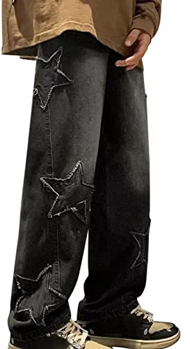 Y2k Jeans Men | Hip Hop Baggy Pants | Fashion Straight Leg Stars Graphic Denim Joggers | Relaxed Fit Goth Trousers | High Streetwear Cargo Combat Jeans | Mens Washed Old Denim Pants