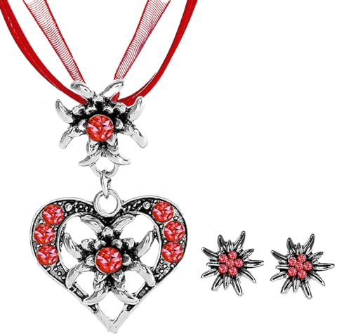 JENCVNL 3 Pièces Bijoux Fantaisie Traditionnels pour Femmes, Bijoux Dirndl Bavarois Oktoberfest, Collier Traditionnel avec Strass Edelweiss Pendentif Coeur Boucles d'oreilles pour Femmes (Rouge)
