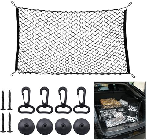 Filet de Rangement Coffre de Voiture 110×60cm - Extensible Jusqu'à 220×120cm - Élastique Avec 4 Crochets - Pour la Plupart des Voitures