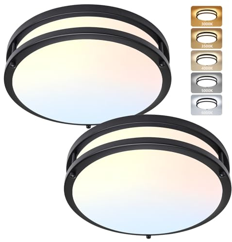 AKAARI Flush Mount Ceiling Light - 2 Pack 36W 3000K/3500K/4000K/5000K/6000K Dimmable Led Ceiling Light Fixture for Kitchen Hallway Bedroom Bathroom (2, Black, 12 Inch)