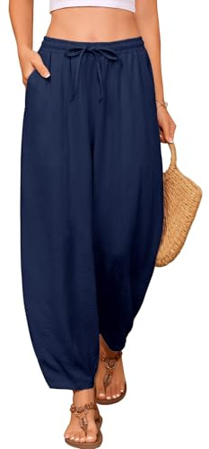 UMIPUBO Femme Pantalon Été Élégant 7/8 Pantacourt Taille Élastique Leger Chic Carotte Baggy pour des Vacances Décontractées Longueur Pants avec Poches A La Plage (Marine, XL)