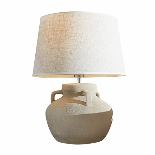 LOBERON Tischlampe Parya, Antik Anmutender Lampenfuß, Rustikaler Charakter, Schlichte Formgebung, Zeitloses Design, Tischleuchte, Keramik, Leinen, creme