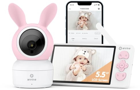 ANNKE Cámara de bebé, Monitor de vídeo para bebé con Pantalla LCD IPS de 5.5, Cámara PT 3MP, Control de App para iOS y Android, Zoom 4X, Detección Inteligente, Recordatorios de alimentación