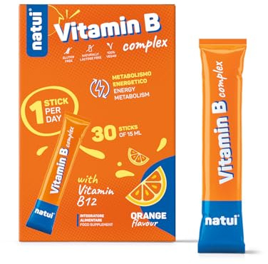 Natui Vitamin B Complex – Integratore Vitamine Gruppo B per Energia, Concentrazione e Sistema Nervoso - Con Vitamina B12 Metilcobalamina, Biotina e Acido Folico – Gusto Arancia - 30 Stick da 15 ml
