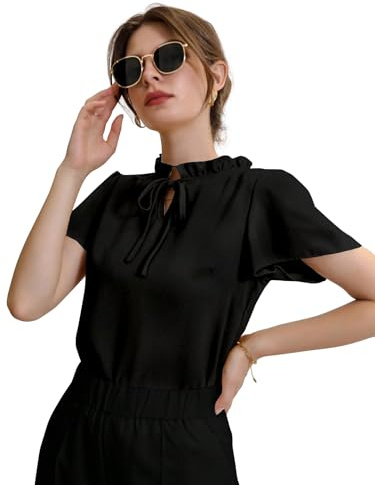 Shasmi Damer vit elegant slips hals volangtrim blus kortärmad casual sommar topp l minimalistisk volangurringning sommarblus l toppar för kvinnor (toppar 288), svart, M