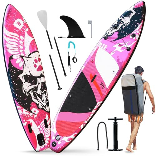 Vroomoto Uppblåsbar Paddle Board Stand Up Paddleboard Paddleboard 10 Fot 6 Tum Bred Stabil 15 PSI 330lbs Tryckt Drop Stitch PVC med Paddle Pump Fin Koppelväska för Vuxna Ungdomar